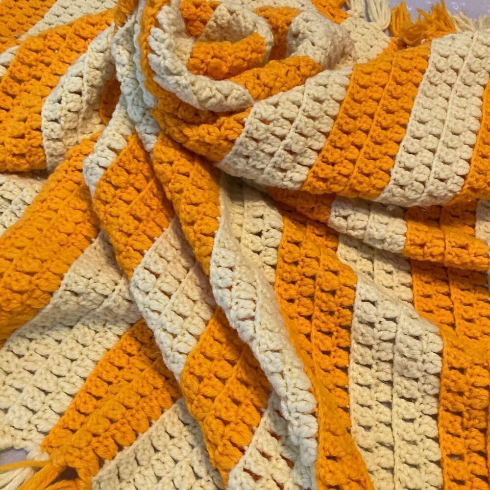 Handmade Crocheted Striped Blanket Yellow Orange w Fringe 50 x 75